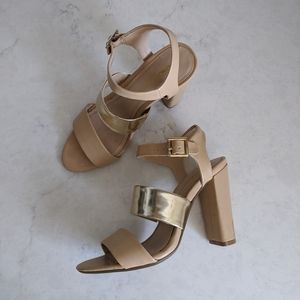 BCBGeneration tan gold heels